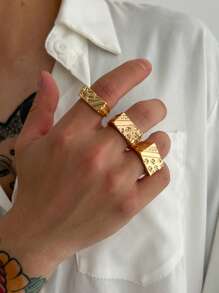3pcs/Set Metallic Embossed Geometric Shaped Punk Style Open Finger Rings, For Men