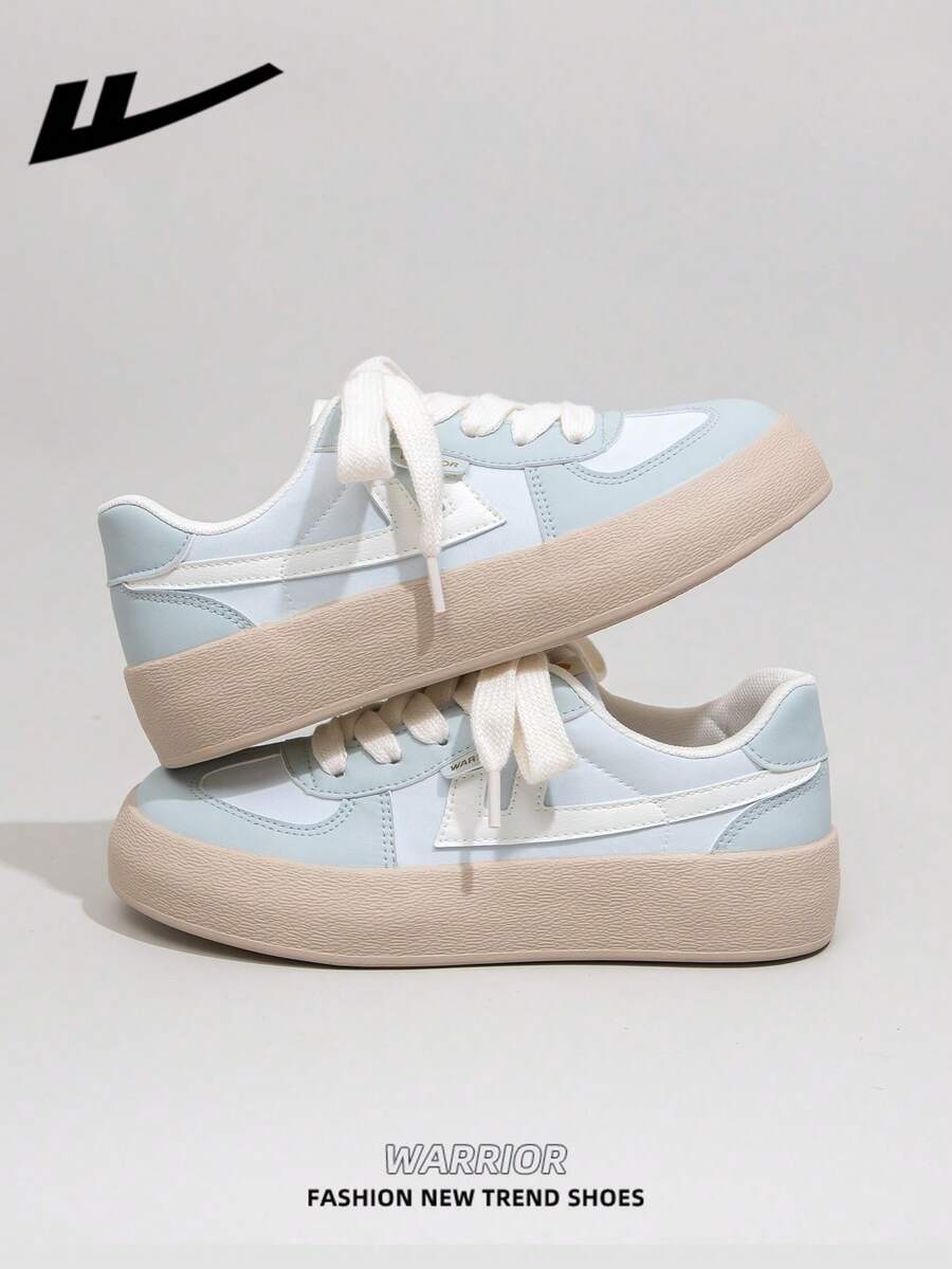 1 双 WARRIOR 女式运动休闲滑板鞋，低帮透气户外平底运动鞋，轻便、时尚、舒适帆布运动鞋 - 藍/米 - 查看 1