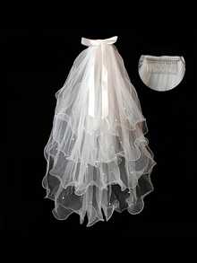 1件高端四层珍珠蝴蝶结新娘婚纱头纱，精致蝴蝶结，适合婚礼、摄影棚及各种晚宴。 - 白色 - 查看 1