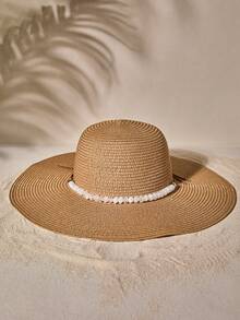 Tropiscape 1pc Women Bead Decor Stylish Boho Straw Hat - Perfect For Beach Travel & Outdoor Adventures Beach Autumn Winter Gifts - Camel - View 1