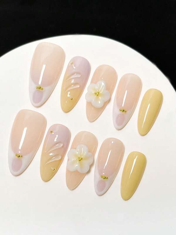 Set de 10 uñas de acrílico hechas a mano con estampado de media almendra, uñas francesas, uñas dulces y lindas, uñas con grabado tridimensional, degradado morado y amarillo, adecuadas para uñas de primavera y verano, uñas postizas desmontables, suministros de uñas y arte de uñas, adecuadas para fiestas, bailes, uso diario, fiestas de estudiantes, cosplay, con pegamento de gelatina y lima de uñas para kit de suministros de uñas DIY