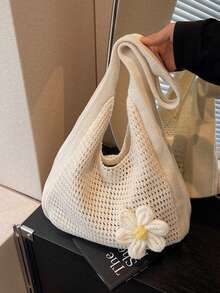 One Shoulder Woven Bag, New Vacation Casual Beach Bag, Crochet Woven Tote Handbag, Back To School Student Project Bag , Beach Bag - Multicolor - View 11