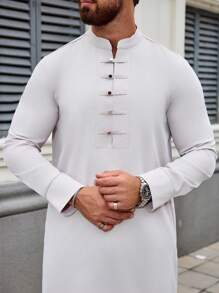 Middle Eastern Arab Men's Traditional Robe With Pockets, Stand-Up Collar And Long Sleeves, Elegant Wear