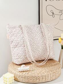 1pc Set Of Rose Red Flower Bow Tote Bag, Cute Flower Pattern, Fashionable And Casual Large Capacity Handbag, Bow Handbag, Exquisite Women's Handbag; Tablet Storage Bag; Sanitary Napkins, Bag Pads, Wired Headphones, Earplugs, Headphones, Chargers, Lipstick, Cosmetics, Laptops, Home Decor, Suitable For Mothers, Students, Female Students, Office Workers, Commuters, Keys, Holiday Gifts - 粉色 - 查看 2