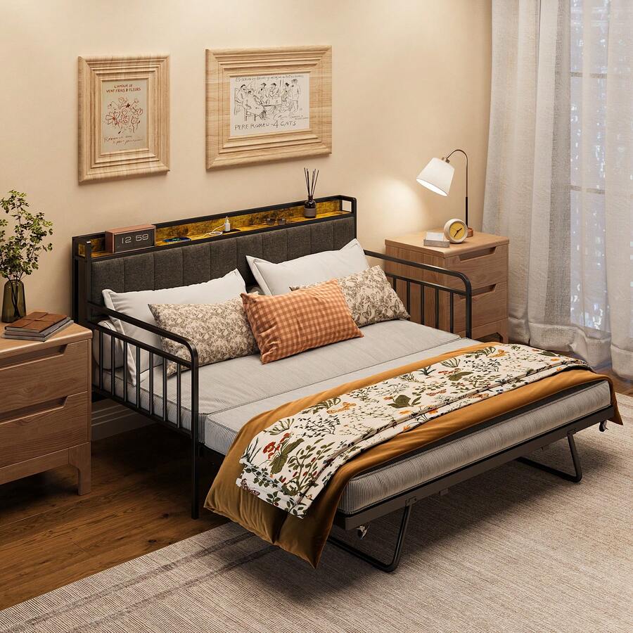 Space Saving Sofa Bed Frame, Cama Queen,Daybed With Trundle Retractable, Lockable Casters, Easy To Install, Furniture , Bedroom, Living Room Decoration, Sturdy Metal Sofa Bed With Steel Slat Support For Living Room, Bedroom And Guest Room,Requires Additional Cushion Purchase, Christmas Gifts - Grey - View 1