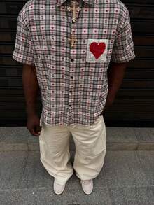 Men's Checker Pattern Heart Pocket Short Sleeve Button-Down Shirt, Summer - Multicolor - View 1