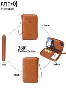 MIYIN RFID Shielded Passport Holder Card Clip, With Card Slot ID Window, Solid Color PU Letters And Airplane Pattern Portable Passport, Suitable For Credit Card/ID Card/Currency/Cash/Passport/Plane Ticket/Bank Card, Male And Female Universal Zipper Mobile Travel Passport Wallet, With Wristband, Suitable For Travel Flights, International Business Trips, Passport Clip, Passport Box, Passport Bag, Travel Accessories, School Supplies - Brown - View 4