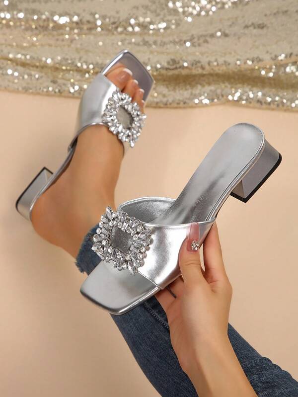 Summer New Rhinestone Decor Square Buckle Wedge Heel Slippers Women, Fashionable High Heel Strap Slides Suitable For Dating, Shopping, Commuting, Office, Home And Casual Wear