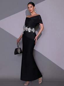 New Black Handmade Beaded & Rhinestone 3D Floral Off-Shoulder Fitted Long Bandage Dress, Elegant For Wedding Guest, Holiday Party, Formal Evening Gown