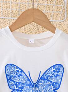 Set casual de 2 piezas de top de manga corta con estampado de mariposas + falda con estampado floral diminuto para niñas jóvenes en verano