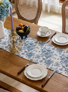 1 Peça Caminho de Mesa Retangular Estilo Boêmio com Padrão Floral Azul Vintage, Decoração de Tapete Lavável para Aparador, Buffet, Adequado para Festas, Piqueniques, Feriados, Interno ou Externo