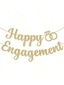 Golden "Happy Engagement" Wedding Engagement Party Banner, Bachelorette Party Decorations - Gold - View 1