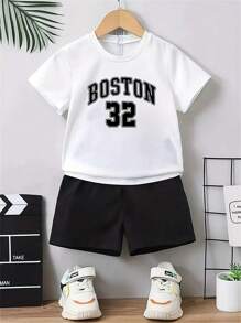 Tenue d'été décontractée pour garçons - T-shirt imprimé lettres et shorts, tissu mélangé élastane, lavable en machine, convient pour le port extérieur