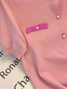 Crew Neck New Short Sleeve Knit Cardigan, Pearl Button, Fitted Slim Fit T-Shirt