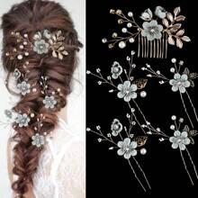 Elegant Vintage 5pcs Pearl & Rhinestone Hairpin Set - U-Shaped Bridal Hair Accessories With Handcrafted Beaded Leaf Design