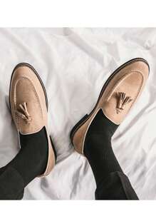Men's Versatile Business Formal Shoes, Solid Color Casual Slip-On Loafers With Tassels