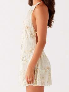 Women's Summer Halter Dress Shiny Sequin Bead Floral Backless Slim Fit Mini Dress - Vàng nhạt - Xem 2