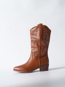 Tropiscape Nuovi stivali da cowboy occidentali da donna, stile con jorts, punta affusolata, ricamo, tacco chunky, stivali alla caviglia di moda e taglie comode, perfetti da indossare con un cardigan in autunno, Natale, inverno, come regalo di Natale