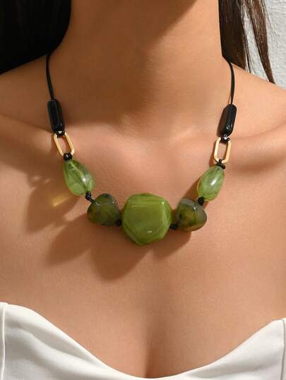 1 件波西米亚不对称绿石树脂绳项链，时尚个性珠宝，适合女性日常和派对佩戴
