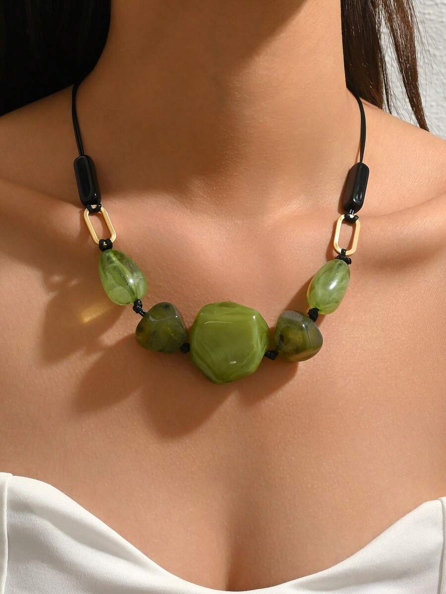 1 件波西米亚不对称绿石树脂绳项链，时尚个性珠宝，适合女性日常和派对佩戴 - 綠色 - 查看 1