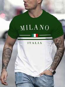 Áo thun nam LHEURYSTIC in họa tiết 3D phối màu - Họa tiết "MILANO ITALIA", Áo thun cổ tròn tay ngắn phong cách thể thao thường ngày, Màu đen trắng, 100% sợi polyester, Vải nhẹ thoáng khí, Có thể giặt máy - Món quà năm mới lý tưởng - Nhiều màu - Xem 2