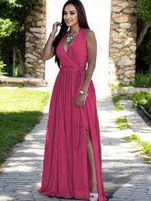 Vestido Largo Elegante Escote en V con Abertura en Pierna y Cinturón Ajustable para Mujer - Rosa Fucsia - Ver 2