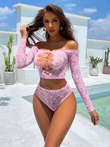 1 pezzo Completo di lingerie in rete rosa leggera ad alta elasticità, top bikini in rete semi-trasparente e sexy, adatto per vacanze, coppie, abbigliamento estivo da donna