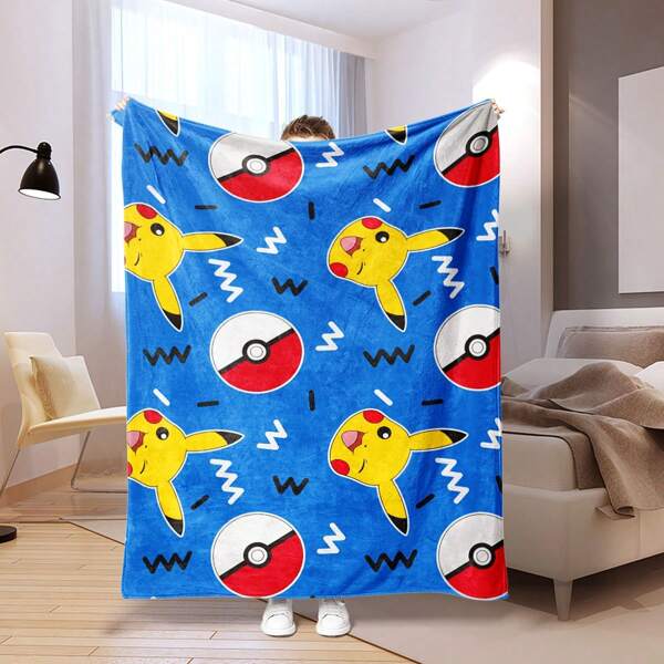 pokemon 1pc Pokemon Series Cartoon Print Flannel Blanket - Soft & Cozy Multipurpose Blanket For Living Room, Bedroom, Camping & Travel, Suitable For All Seasons, Bedroom Blanket | Cartoon Theme | Warm Polyester Fleece Blanket