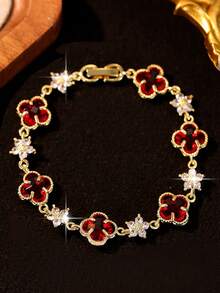 jealous young 1 件幸运方晶锆石四叶草设计女士时尚手链，适合婚礼手链，适合惊喜礼物，迷人节日订婚派对珠宝礼物 - 紅色 - 查看 6