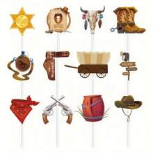 25pcs Wild West Cowboy Photo Props - Wild West Shape Elements Handheld Prop + Sponge Glue + Bamboo Stick Set, Suitable For Vintage Parties, Birthday Parties, Theme Events, Anniversaries, Horse Racing Events, Outdoor Gatherings, Wild Celebrations And More