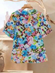 Floral Print Full Body Allover Print Polyester Women's Slit Shirt
