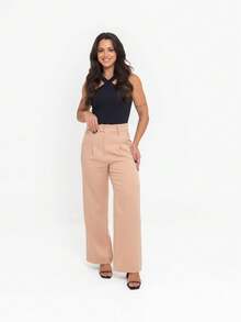 Simple Elegant Casual Polyester Zipper Pocket Button Daily Trousers - Beige - View 3