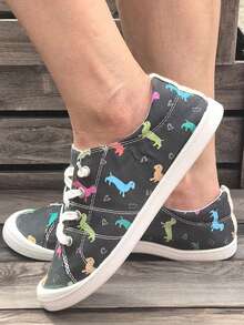 Women's Spring/Summer New Colorful Dog Casual Shoes Comfortable Shallow Mouth Round Head Lightweight And Fashionable Soft Bottom Breathable Low Top Lace Large Women's Shoes - 黑色 - 查看 2