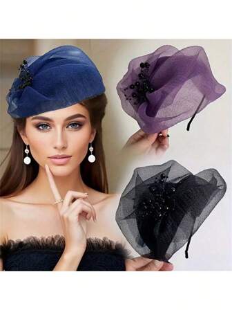 1 件优雅半帽檐串珠网状头带，复古风格时尚发饰，适合女士和女孩，派对/宴会，发带，发箍头带