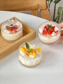 带盖玻璃甜点杯 - 圆形，条纹设计，非常适合盛放酸奶、冰淇淋和果冻 - 适合家庭和商业用途带盖甜点杯芒果布丁杯冰淇淋杯 - 查看 4