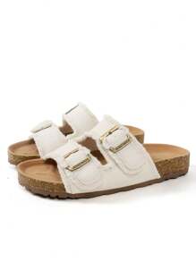 Sandalias de playa cómodas y planas, de suela gruesa, con hebilla metálica casual, de moda y versátiles, con punta abierta y suela antideslizante, nuevas para el verano
