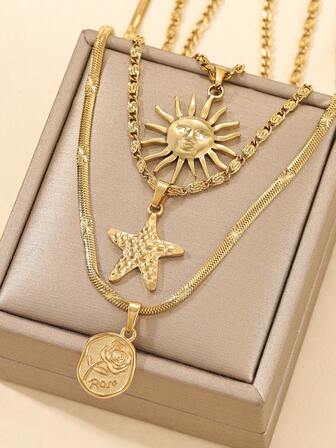 Set de 3 collares con colgantes de sol, estrella de mar y rosa de acero inoxidable color dorado, para decoración diaria de mujeres o como regalo
