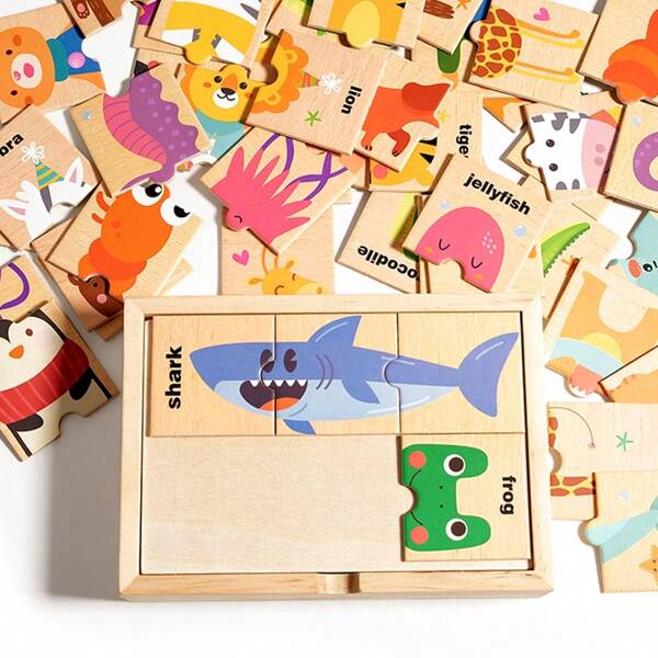 A Mixed Color Children Wooden Animal Puzzle Toy, Helps Learn Animal And Shape Identification Matching, Vivid Colorful Animal Shapes, Ideal For Birthday, Halloween And Christmas Gifts
