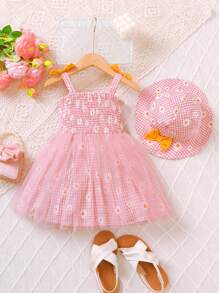 BrownBark Toddler Girls Cute Mesh Patchwork Cami Dress + Hat, Tight Top & Loose Bottom, Flower Applique, Ruffle Hem, Bow Decor, Casual Daily Outdoor Holiday Dress, Summer