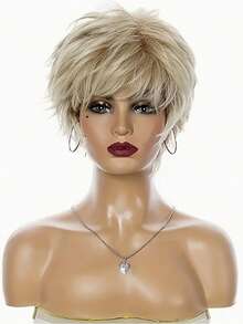 Conjunto de perucas curtas e fofas, com gradiente dourado, para mulheres da moda, com franja lateral e cabelo liso, perfeito para usar com perucas e encenações. Uma peruca completa feita de fibra sintética sem renda.