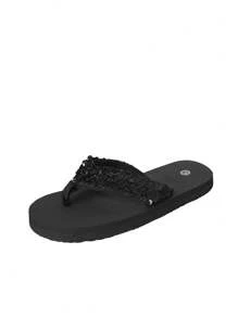 Tongs avec décorations de sequins pour femmes, tongs noires brillantes haut de gamme, sandales plates convenant pour les voyages et la plage