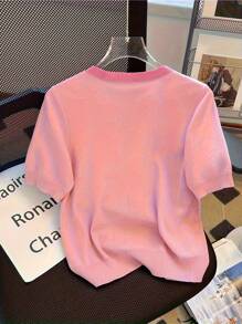 Crew Neck New Short Sleeve Knit Cardigan, Pearl Button, Fitted Slim Fit T-Shirt