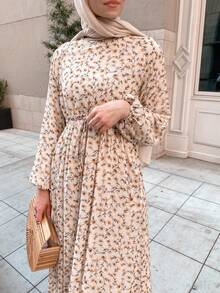 Mingming 阿拉伯花卉印花休闲连衣裙 - 杏色 - 查看 3