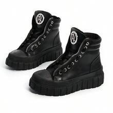 Fall/Winter 2025 Black Solid Color Platform Sneakers With Lace-Up, Silver Zippers, Metal Decor, High-Top, Casual, Fashion, Versatile, All Season, Outdoor, Motorcycle Short Boots, European And American Style - Black - View 6