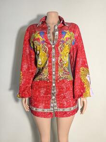Casual Baroque Print Single Breasted Shirt, Suitable For Spring & Autumn - Red - View 4