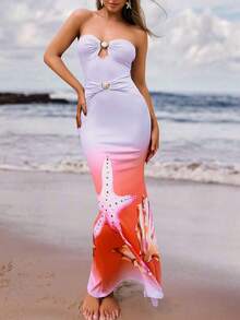 Tube Twist Seashell & Starfish Print Dress - Multicolor - View 1