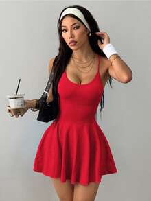 TCVC Abito da donna con schiena a racer e tasche, abito da tennis con scollo quadrato e schiena a racer, adatto per sport indoor e all'aperto, yoga, in tessuto delicato sulla pelle, modellante la figura - Rosso - Visualizzare 6