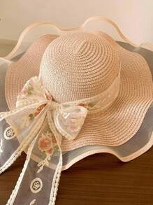 Nouveau chapeau de paille d'été de style coréen avec décoration nœud papillon, respirant. Grand bord de chapeau de soleil pour voyager, protection UV, décontracté, rétro, en polyester, convenant pour le printemps et l'été