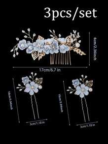 3 Stücke Braut Hochzeitskopfschmuck, blauer Blumen Haarkamm, perlenbestickter Strass Samt Blumen Haarschmuck für Braut