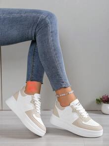 女士厚底运动鞋，春秋新款休闲增高小白鞋，时尚百搭学生系带白色户外旅行鞋 - 卡其 - 查看 3